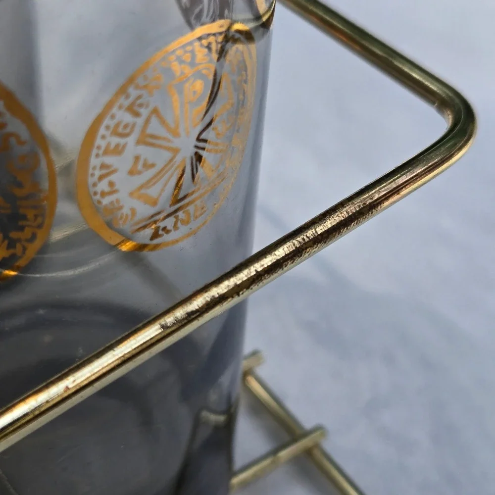 Vtg Highball Glasses Set 8 clear + Smoky Grey Gold Roman Coin MCM Barware Caddy